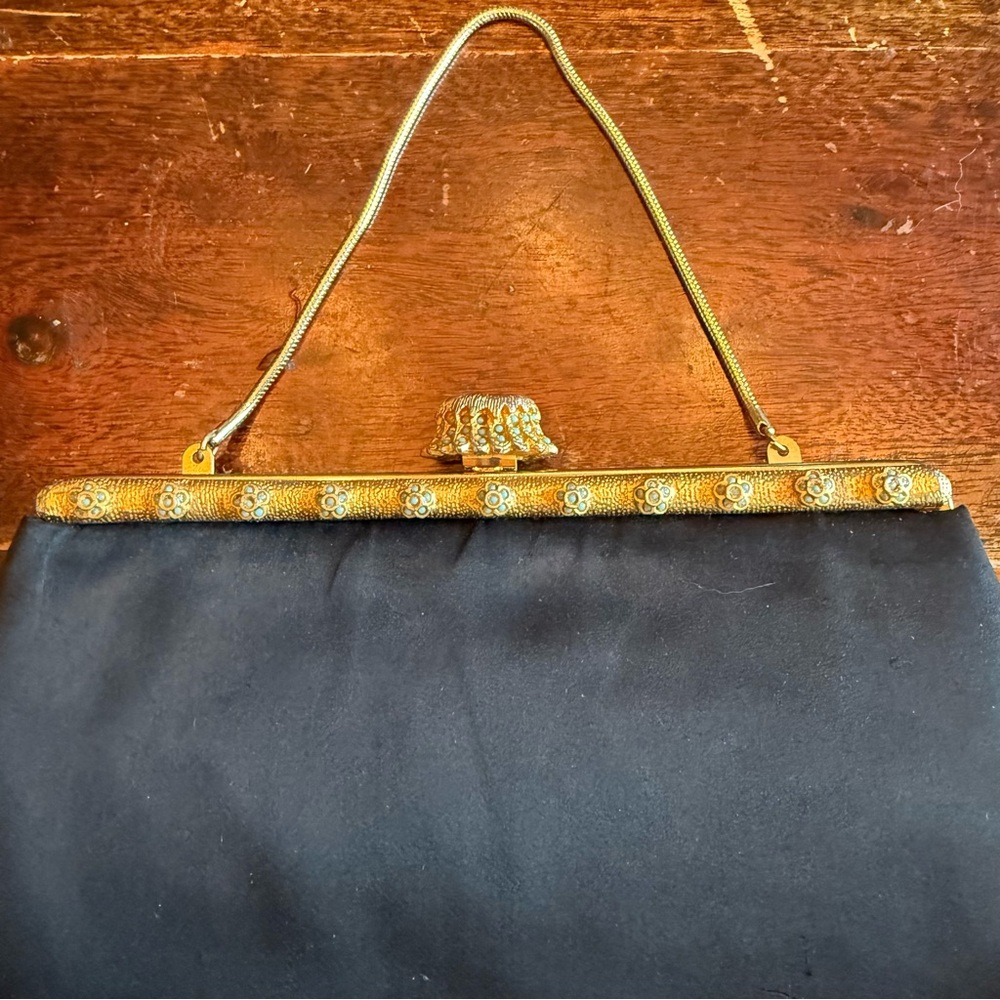 Vintage 1950s Black Satin Evening Purse with Ornate Gold Enamel Frame - Picture 3 of 8